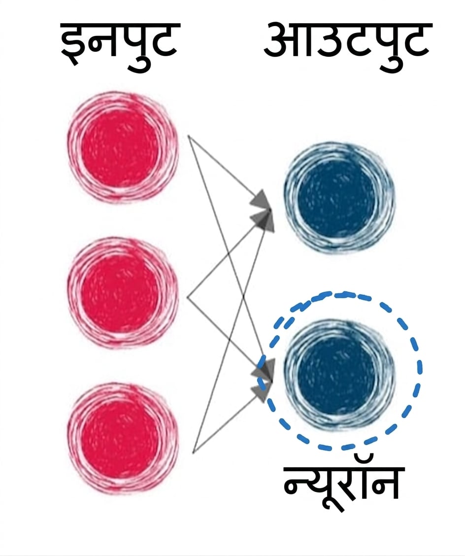 इनपुट और आउटपुट लेयर का चित्र, तीरों से जुड़ा, और एक आउटपुट न्यूरॉन पर घेरा