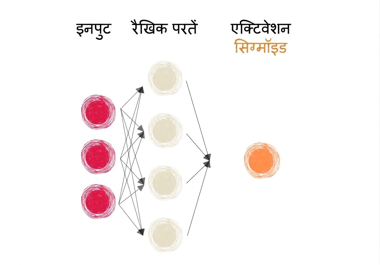 इनपुट, लिनियर लेयर्स, और एक्टिवेशन फंक्शन वाला न्यूरल नेटवर्क का हिस्सा