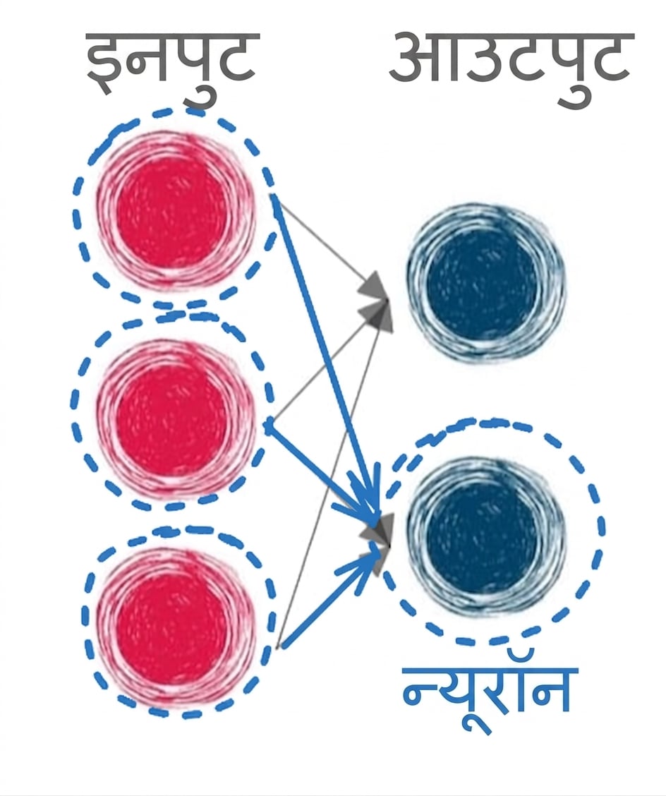 इनपुट और आउटपुट लेयर का चित्र, तीरों से जुड़ा, एक आउटपुट न्यूरॉन पर घेरा और हाइलाइटेड तीर