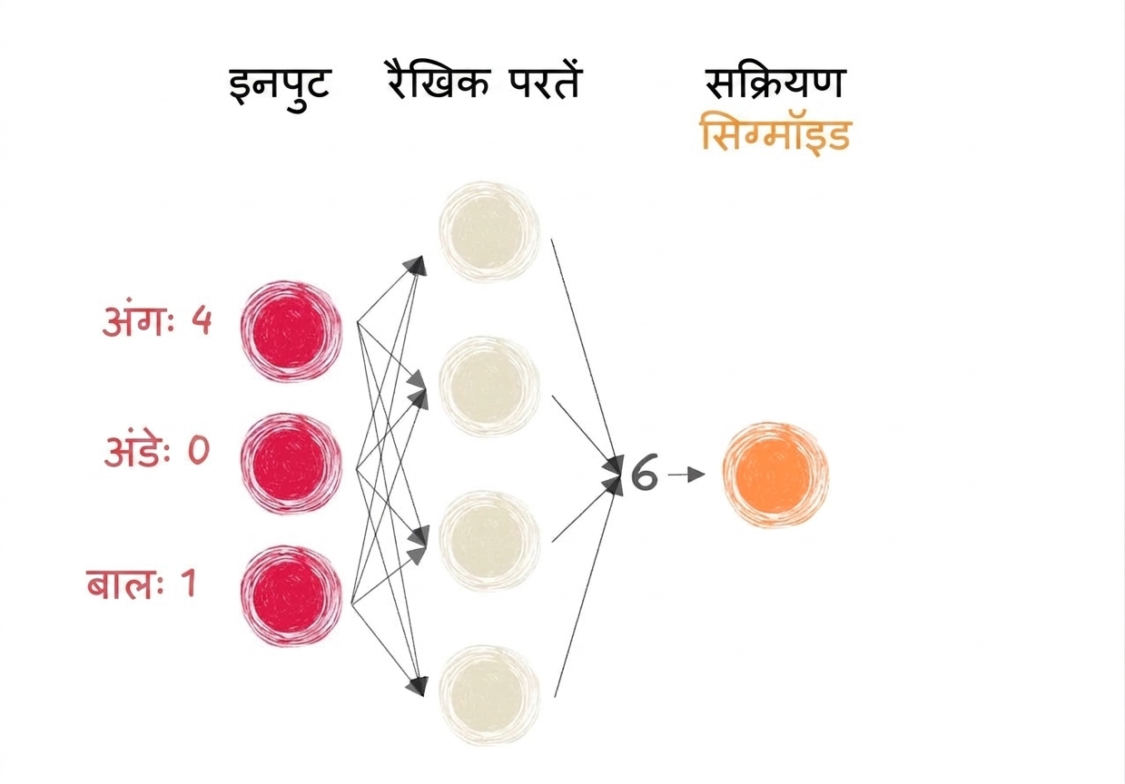 इनपुट, लिनियर लेयर्स को आउटपुट 6, और एक sigmoid एक्टिवेशन फंक्शन वाला नेटवर्क हिस्सा