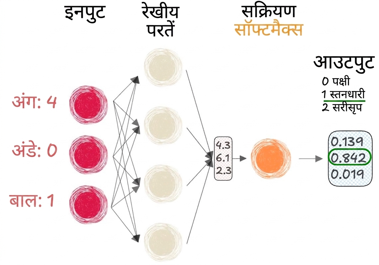 इनपुट, लिनियर लेयर्स को एक वेक्टर आउटपुट, softmax एक्टिवेशन, और आउटपुट वाला नेटवर्क हिस्सा