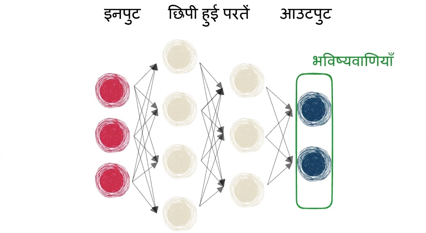 इनपुट, hidden layer और आउटपुट वाला neural network का डायग्राम