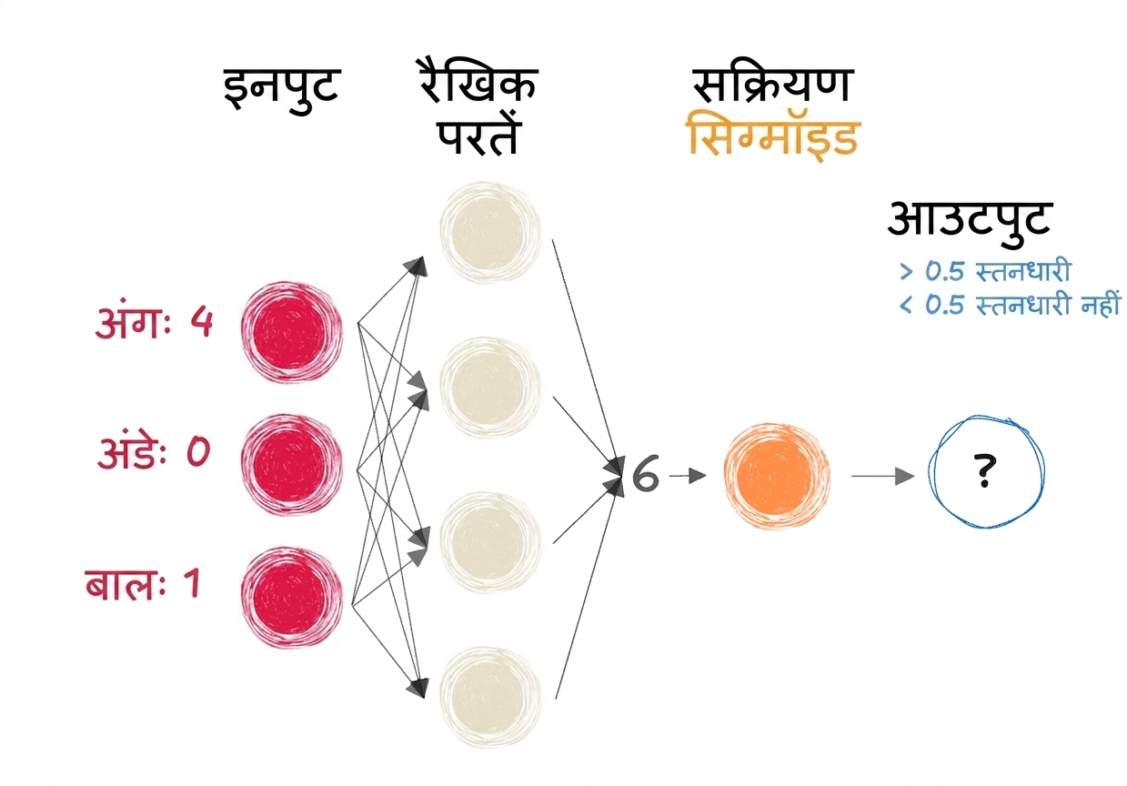 इनपुट, लिनियर लेयर्स को आउटपुट 6, एक sigmoid एक्टिवेशन फंक्शन, और एक आउटपुट वाला नेटवर्क हिस्सा
