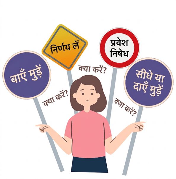अलग-अलग रास्ते देखकर निर्णय लेती महिला.