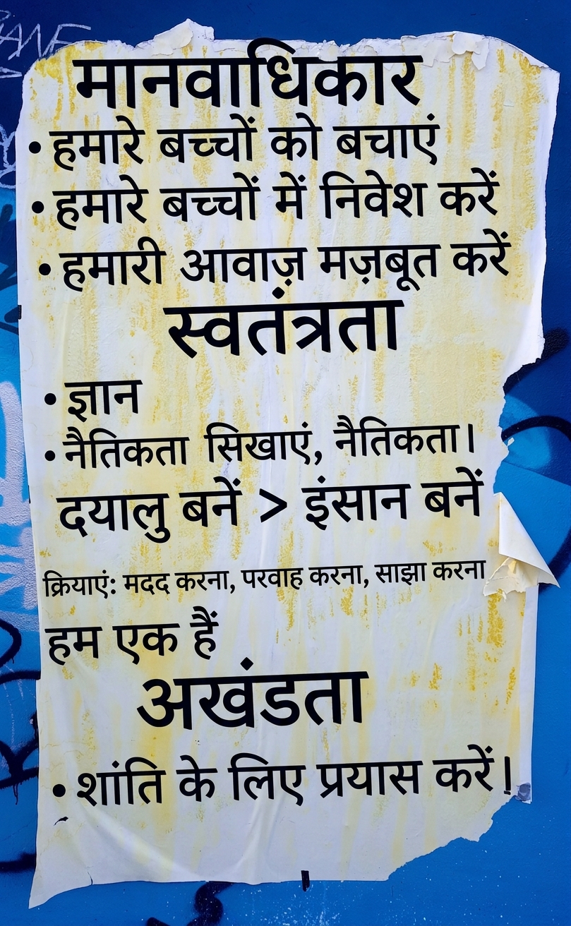 दीवार पर नैतिक घोषणाओं वाले फटे पोस्टर की फोटो.