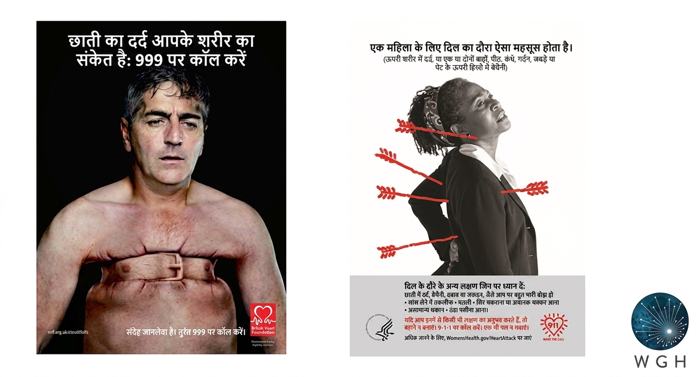 हार्ट अटैक के अलग-अलग लक्षणों का चित्रण: पुरुष में छाती जकड़न, महिला में पीठ दर्द.