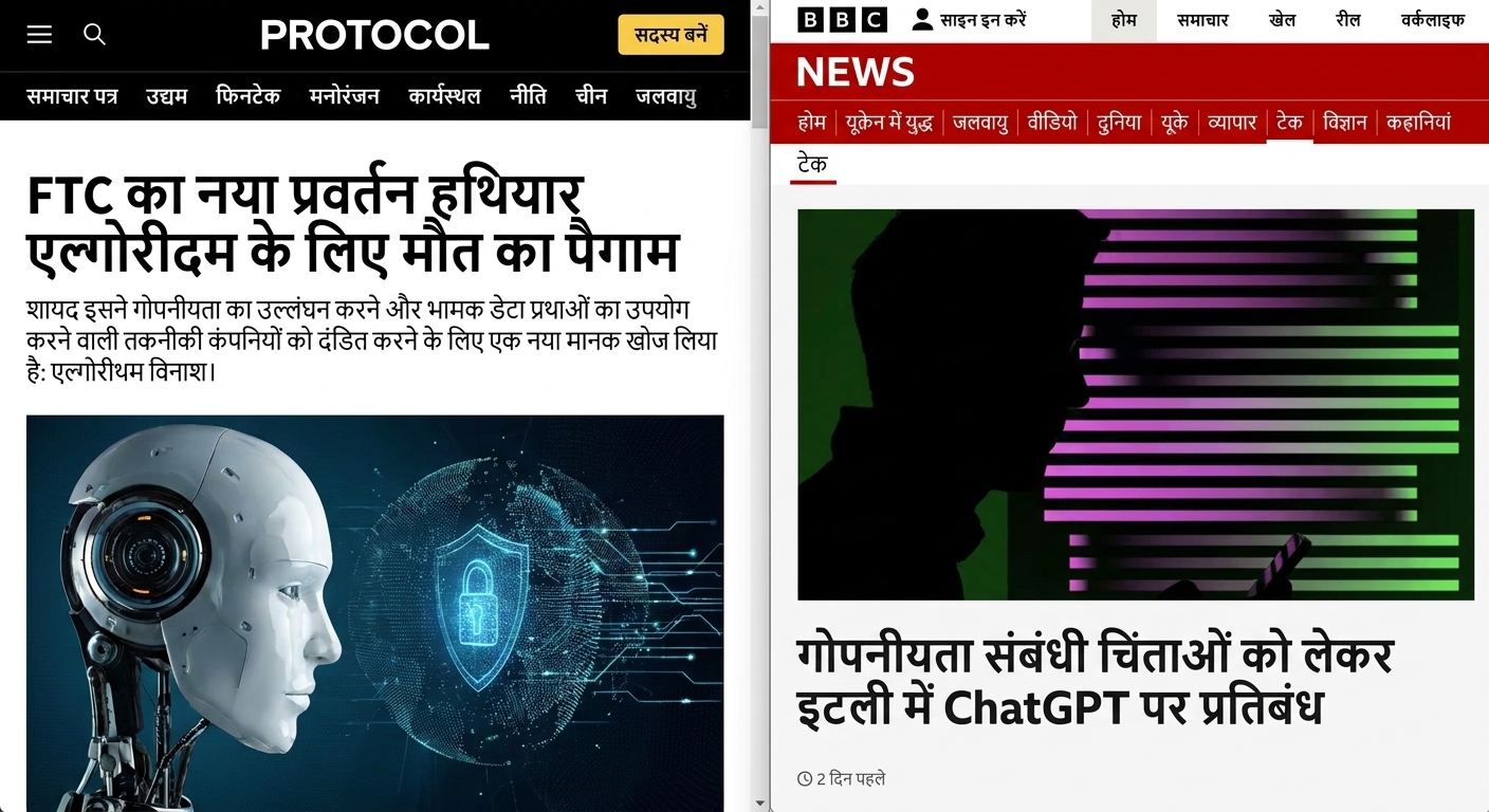 अमेरिकी FTC और इतालवी प्राधिकरणों द्वारा कमजोर डेटा प्रथाओं पर दंड दिखाने वाली खबरों के स्क्रीनशॉट.
