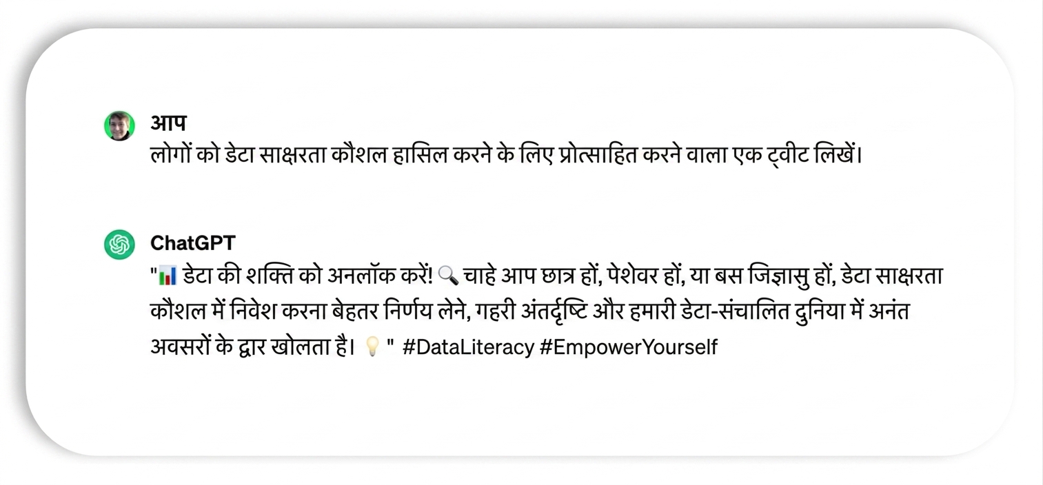 ChatGPT-जनरेटेड ट्वीट जिसमें लिखा है: " Unlock the power of data! Whether you're a student, professional, or simply curious, investing in data literacy skills opens doors to better decision-making, deeper insights, and endless opportunities in our data-driven world. #DataLiteracy #EmpowerYourself"
