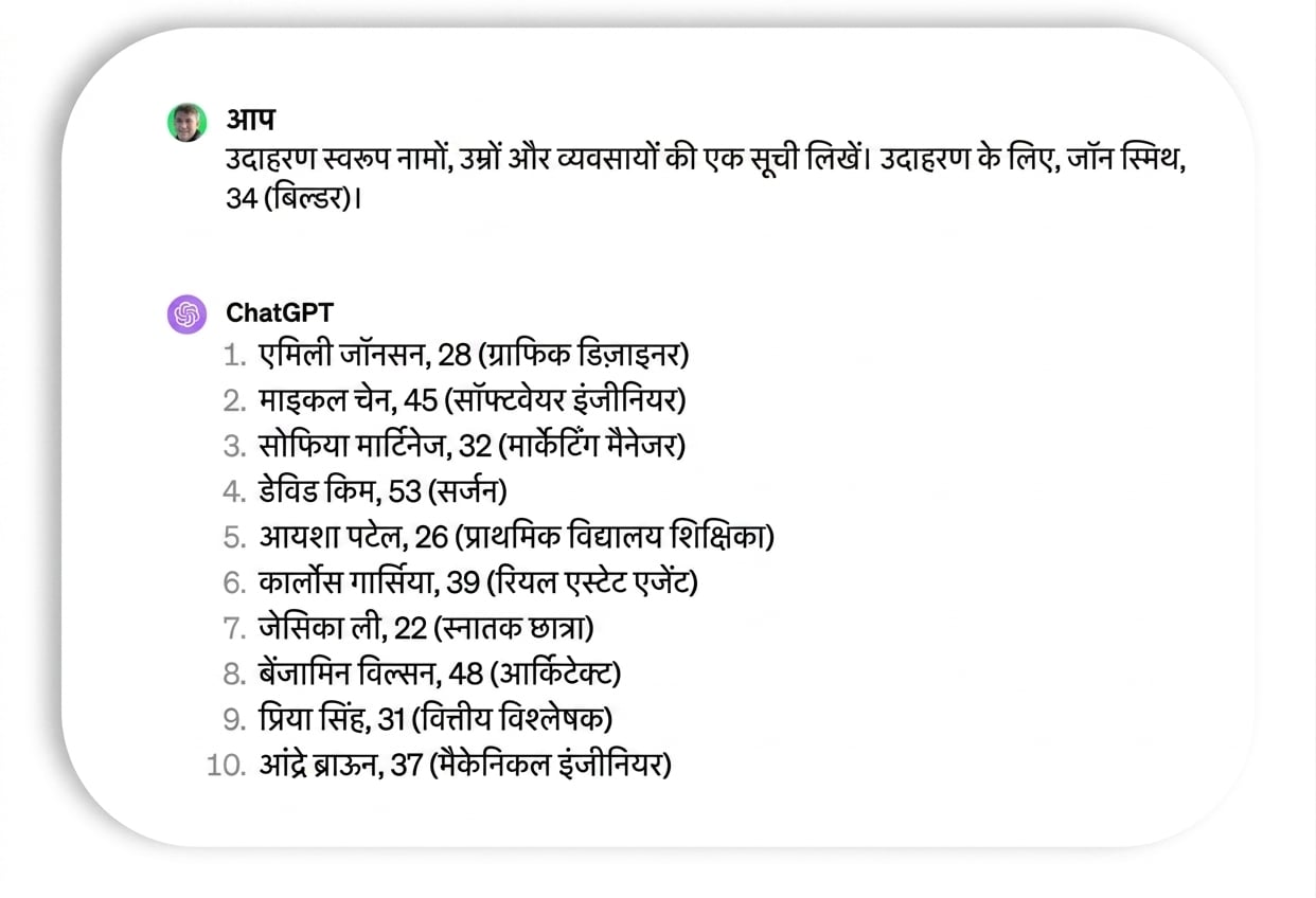 उदाहरण नाम और व्यवसाय के प्रॉम्प्ट व प्रतिक्रिया।