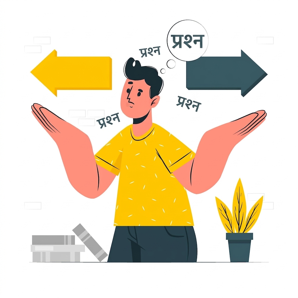 दो दिशाओं में तीर और सिर के ऊपर प्रश्नवाचक चिह्न वाला व्यक्ति.
