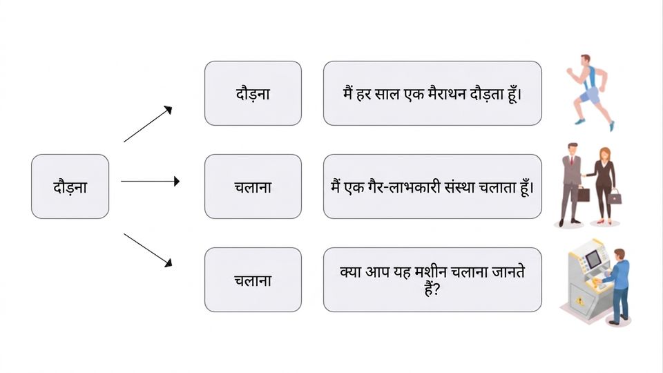 पिछले चित्र में और संदर्भ जोड़ते हुए, उदाहरणों से अलग-अलग अर्थों का समर्थन.