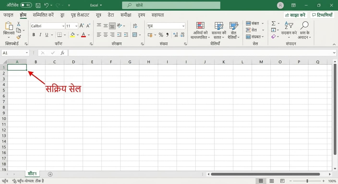 एक्टिव सेल हाइलाइट किया हुआ Excel फ़ाइल