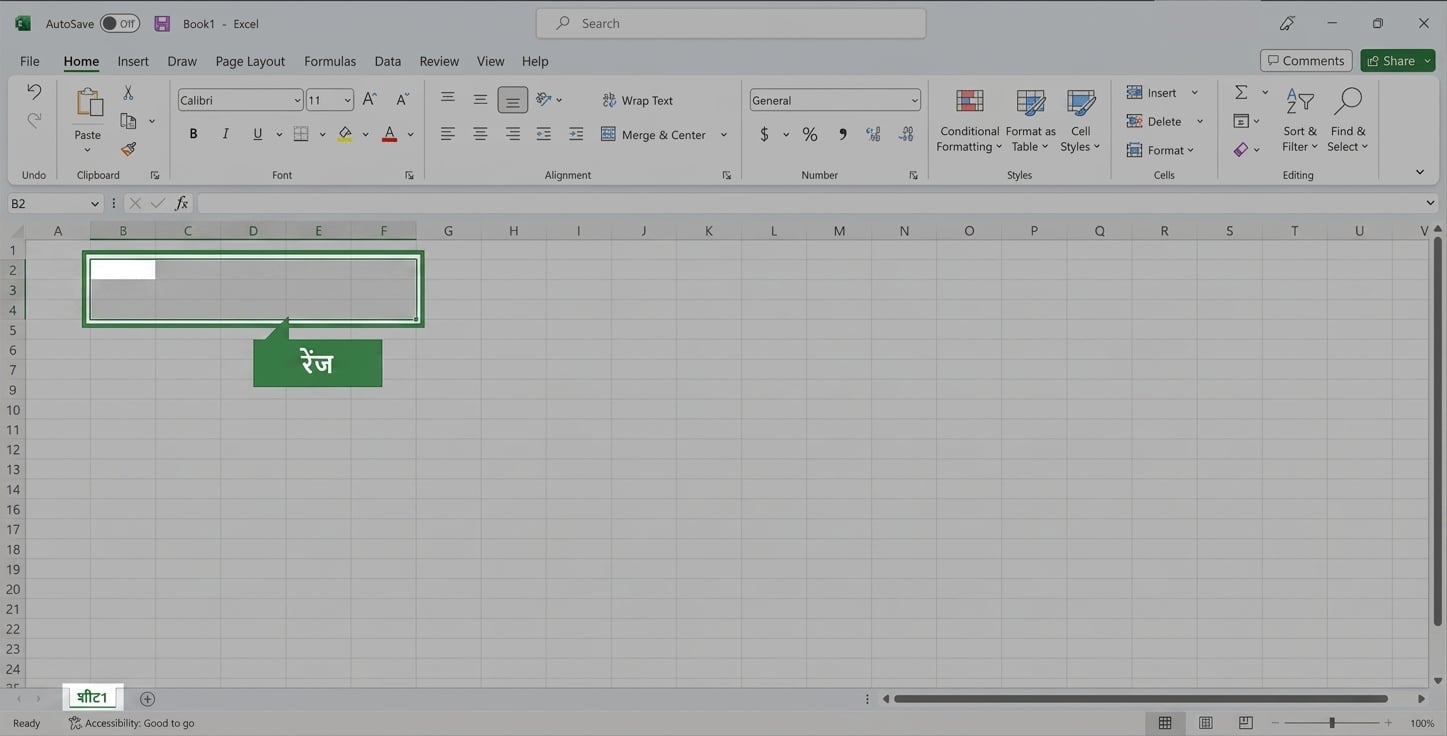 रेंज चयन हाइलाइट किया हुआ Excel फ़ाइल