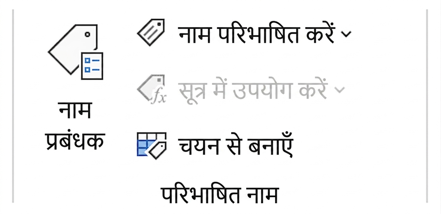 Excel में सेल रेंज को नाम देने से जुड़े फ़ीचर्स दिखाने वाली इमेज.