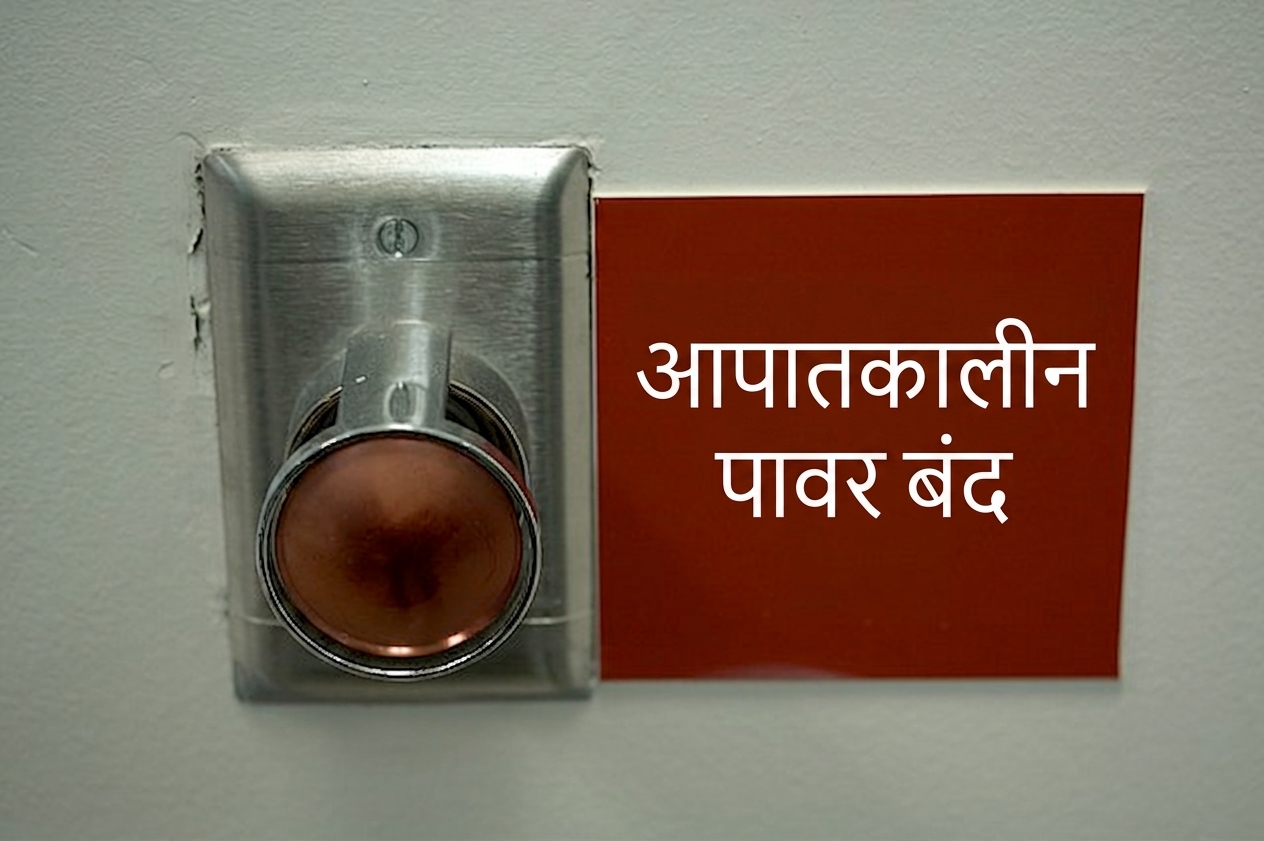 एक बड़े लाल बटन की छवि, जिसके पास "Emergency power off" का साइन है