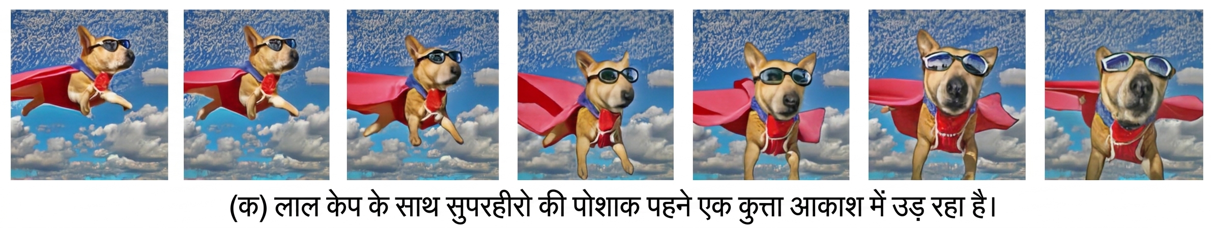 उड़ते कुत्ते के AI-जनित वीडियो के फ्रेम्स