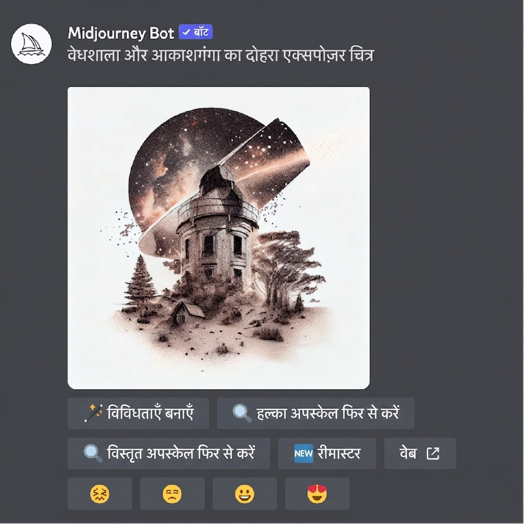 Midjourney यूज़र इंटरफेस का स्क्रीनशॉट, जिसमें इमेज़ रिज़ल्ट को रेट करने के विकल्प हैं।