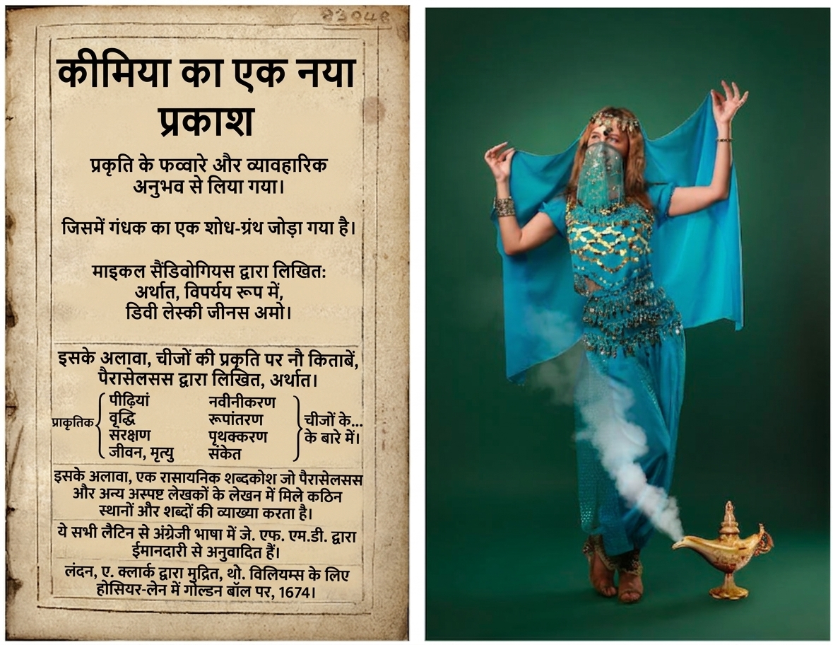 रसायन विद्या की पांडुलिपि और जादुई चिराग से निकलते जिन्न की तस्वीरें