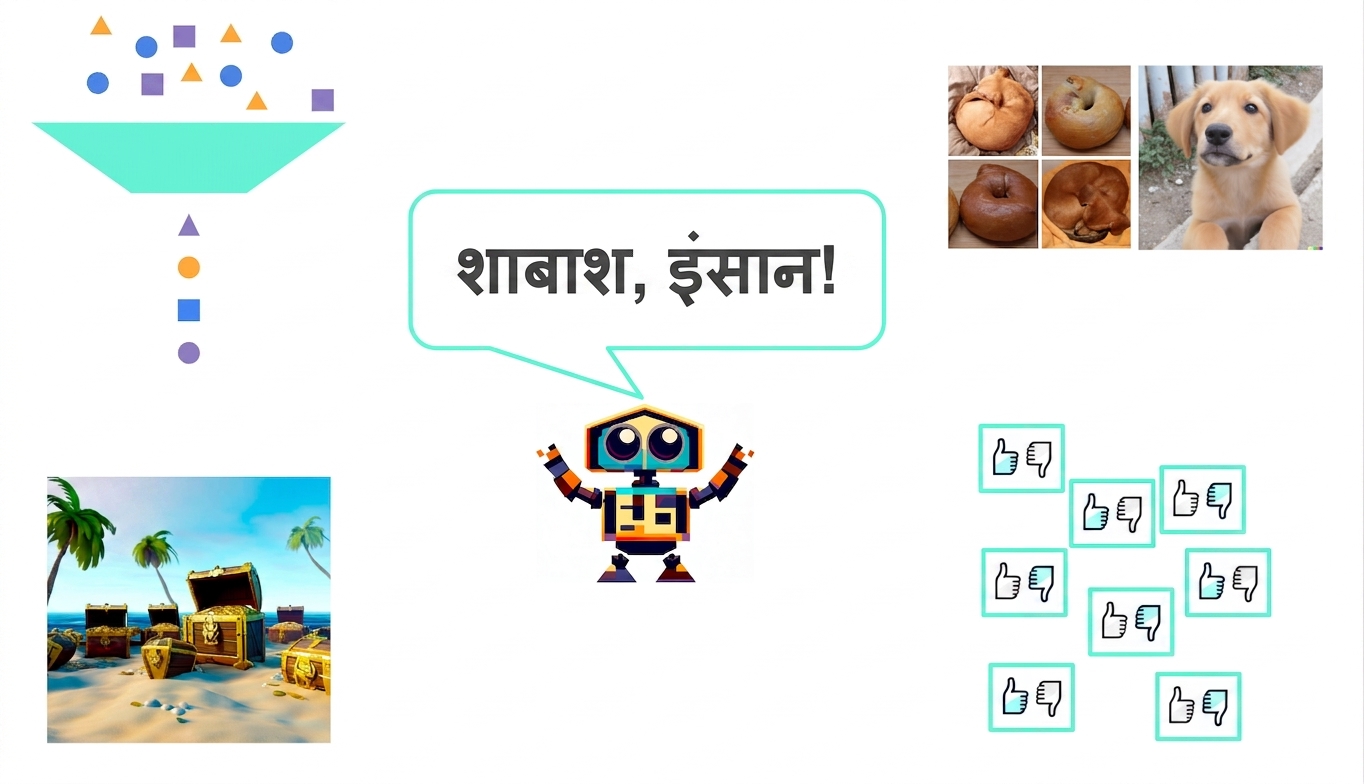 कोर्स की छवियों की गैलरी, बीच में एक रोबोट कह रहा है, "शाबाश, मानव!"