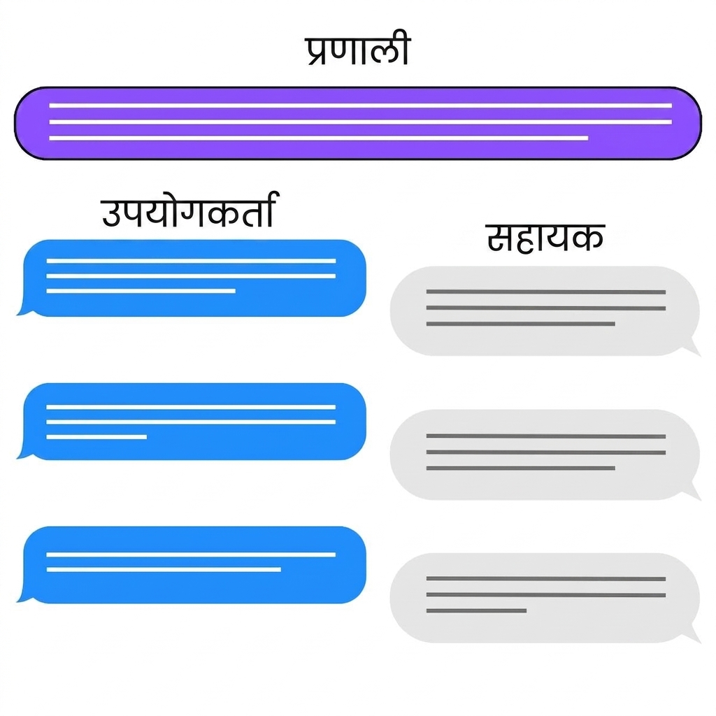 चैट इंटरैक्शन की तीन भूमिकाएँ: सिस्टम, यूज़र, और असिस्टेंट.