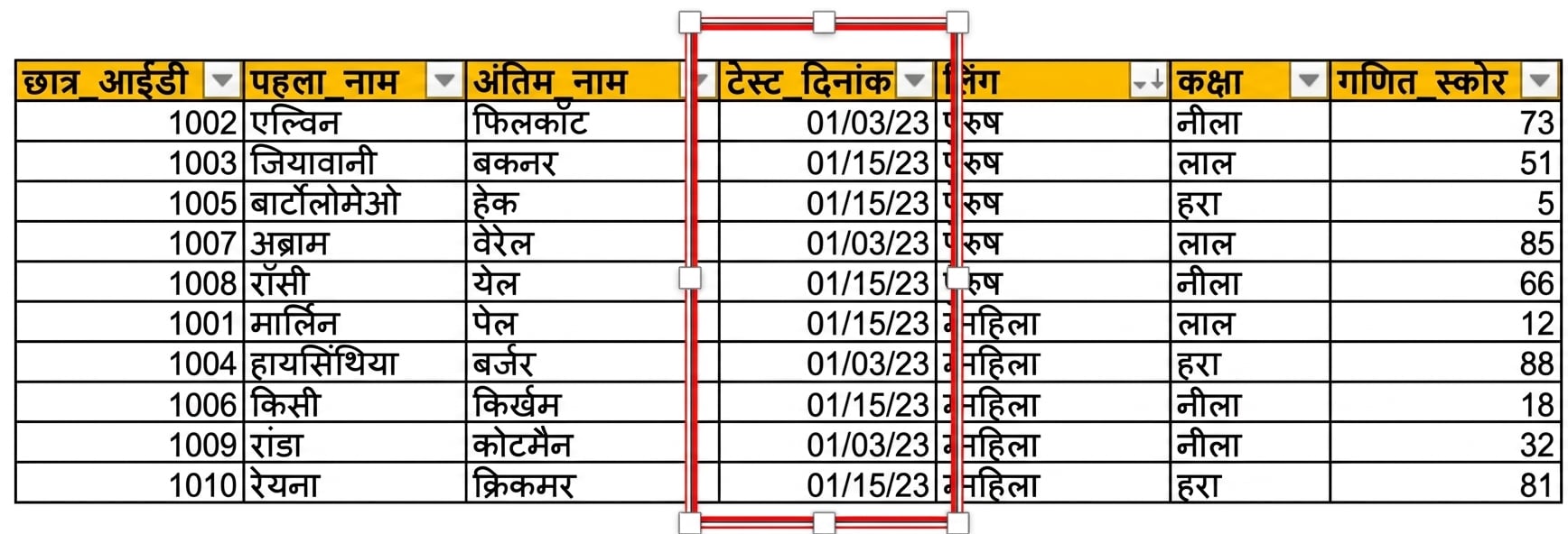 Excel में छात्र टेस्ट डेटा की मैन्युअल एंट्री वाली टेबल, जिसमें दिनांक कॉलम test_date हाइलाइट है
