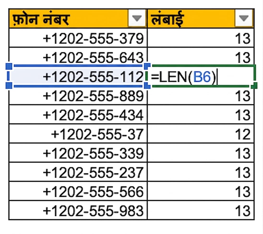 Excel टेबल जिसमें एक कॉलम में फ़ोन नंबर हैं, और LEN फ़ॉर्मूला से इनकी लंबाई जाँचते हुए दिखाया गया है