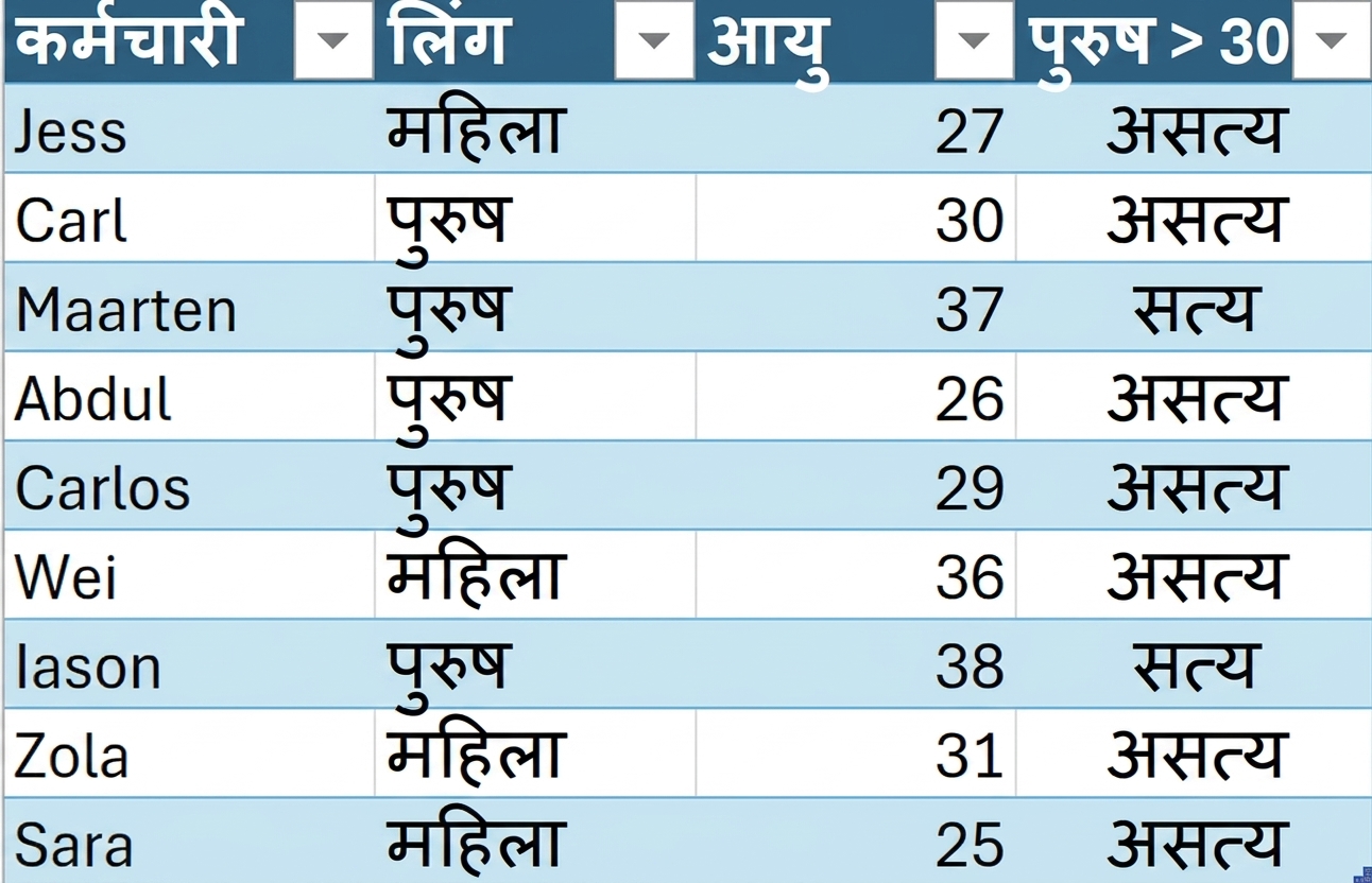 HR से DataCo का सैंपल टेबल, जिसमें कर्मचारी का पहला नाम, जेंडर, उम्र, और conditional formula से बना कॉलम दिख रहा है.