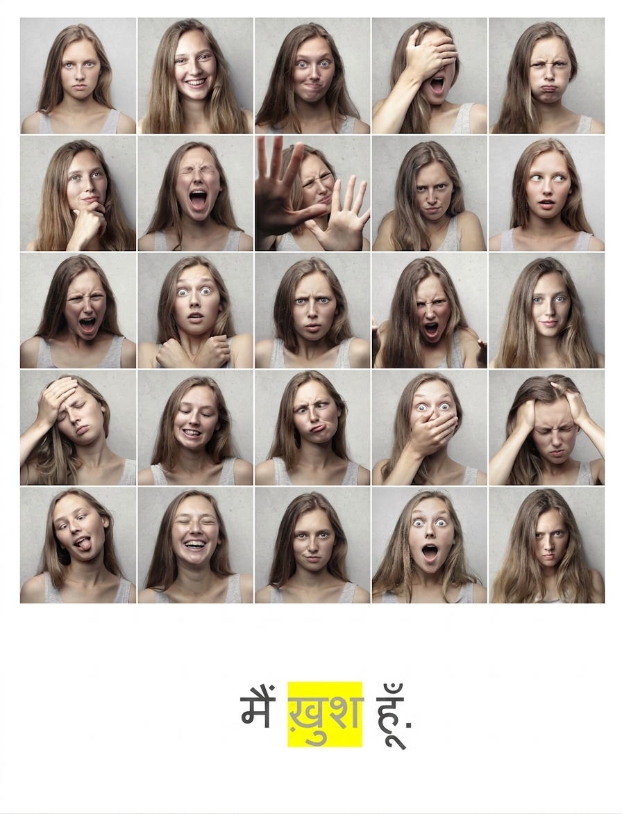 भावनाओं की एक श्रृंखला और वाक्य "I am happy", जिसमें "happy" हाइलाइट है.