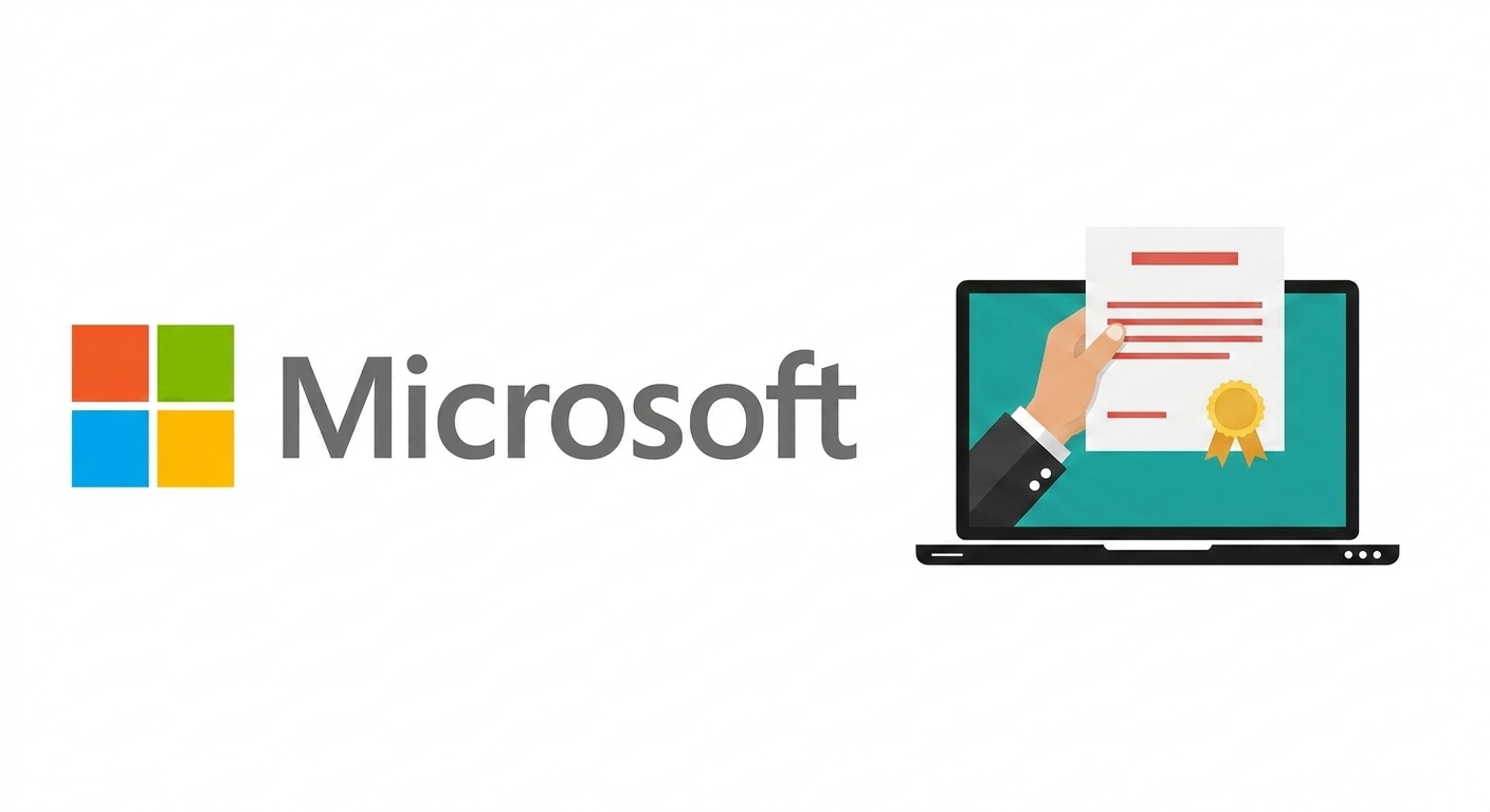 लैपटॉप पर प्रमाणपत्र के साथ Microsoft लोगो