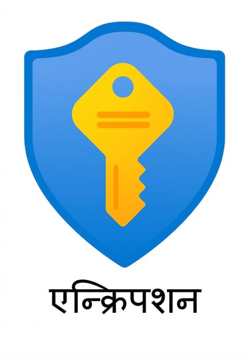 नीचे "encryption" शब्द के साथ चाबी वाले शील्ड का कार्टून