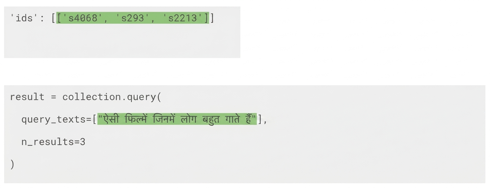 क्वेरी टेक्स्ट और उससे आए तीन क्वेरी परिणामों के ids हाइलाइट किए गए हैं.