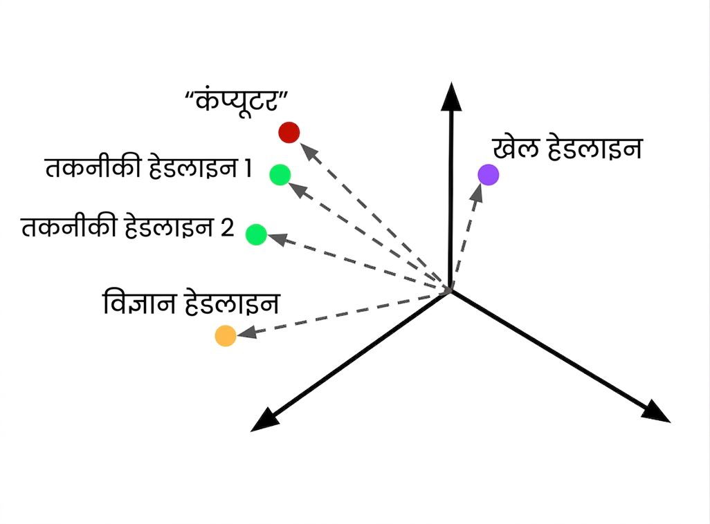 वेक्टर स्पेस में एक embedded सर्च क्वेरी, साथ में अलग-अलग विषयों के embedded आर्टिकल्स.