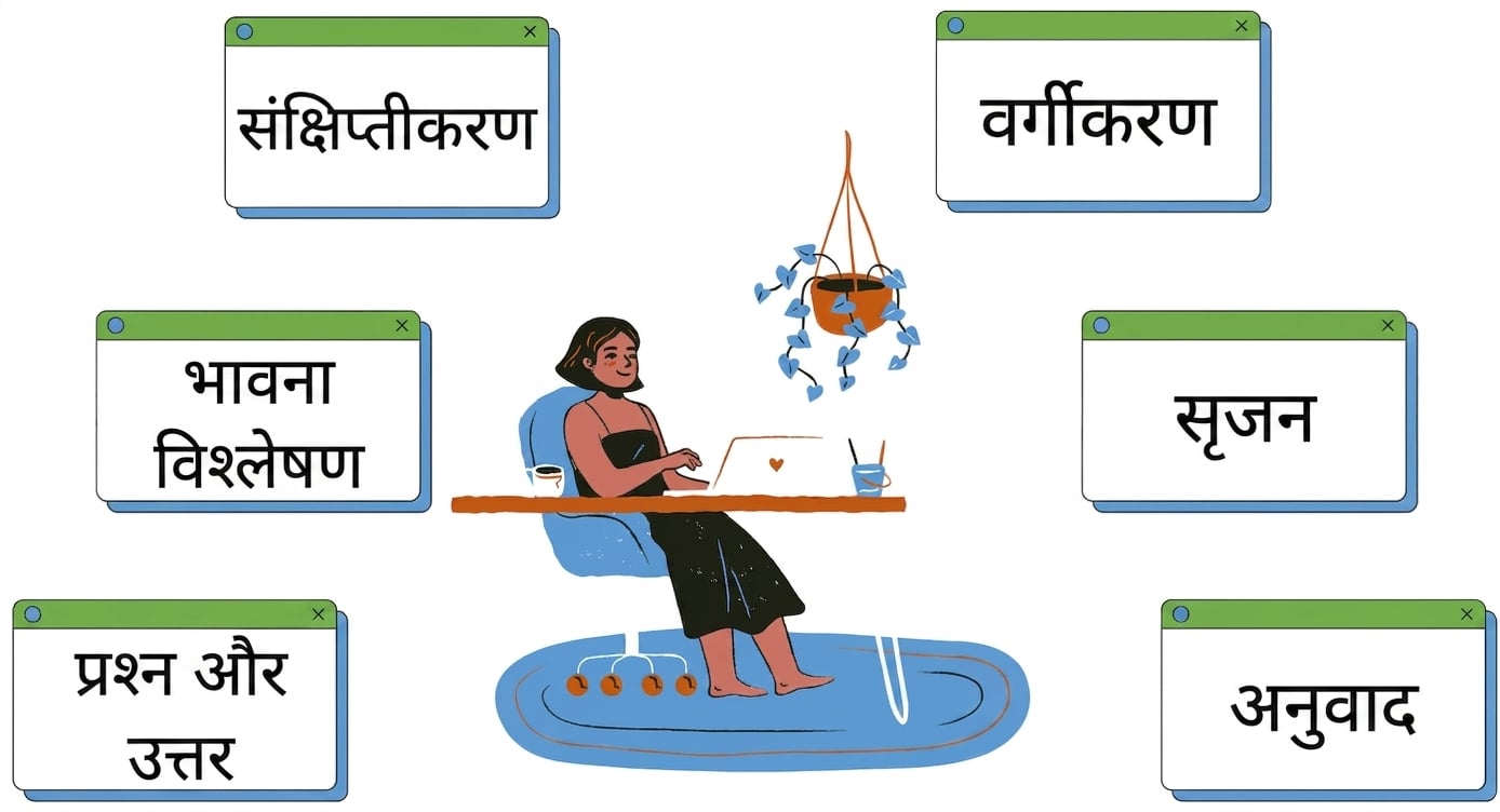 डेस्क पर बैठे व्यक्ति के चारों ओर टेक्स्ट जेनरेशन और ट्रांसलेशन दर्शाते कई टास्क