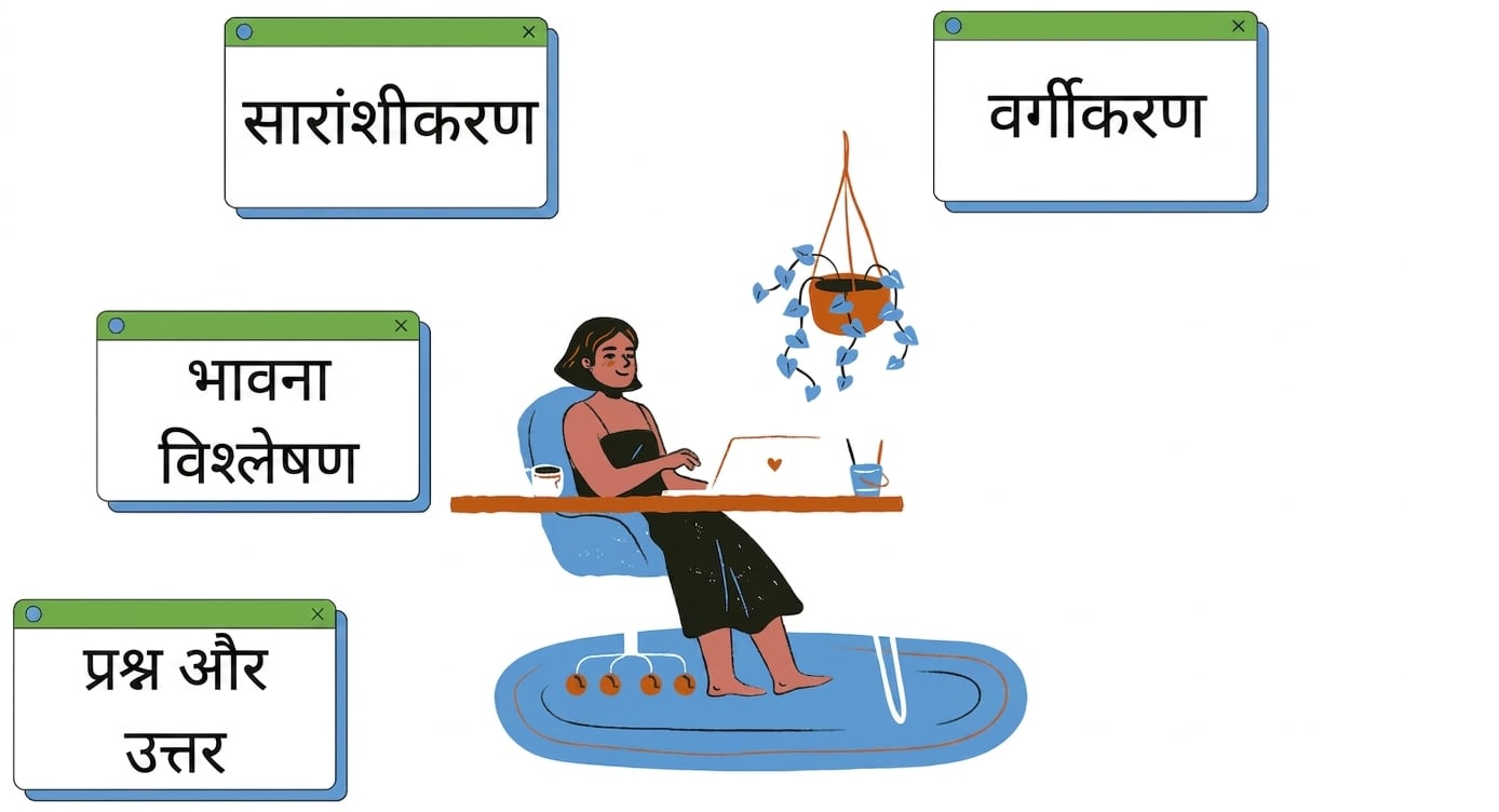 डेस्क पर बैठे व्यक्ति के चारों ओर टेक्स्ट क्लासीफिकेशन, समरीकरण, सेंटिमेंट एनालिसिस, और प्रश्न-उत्तर दर्शाते कई टास्क