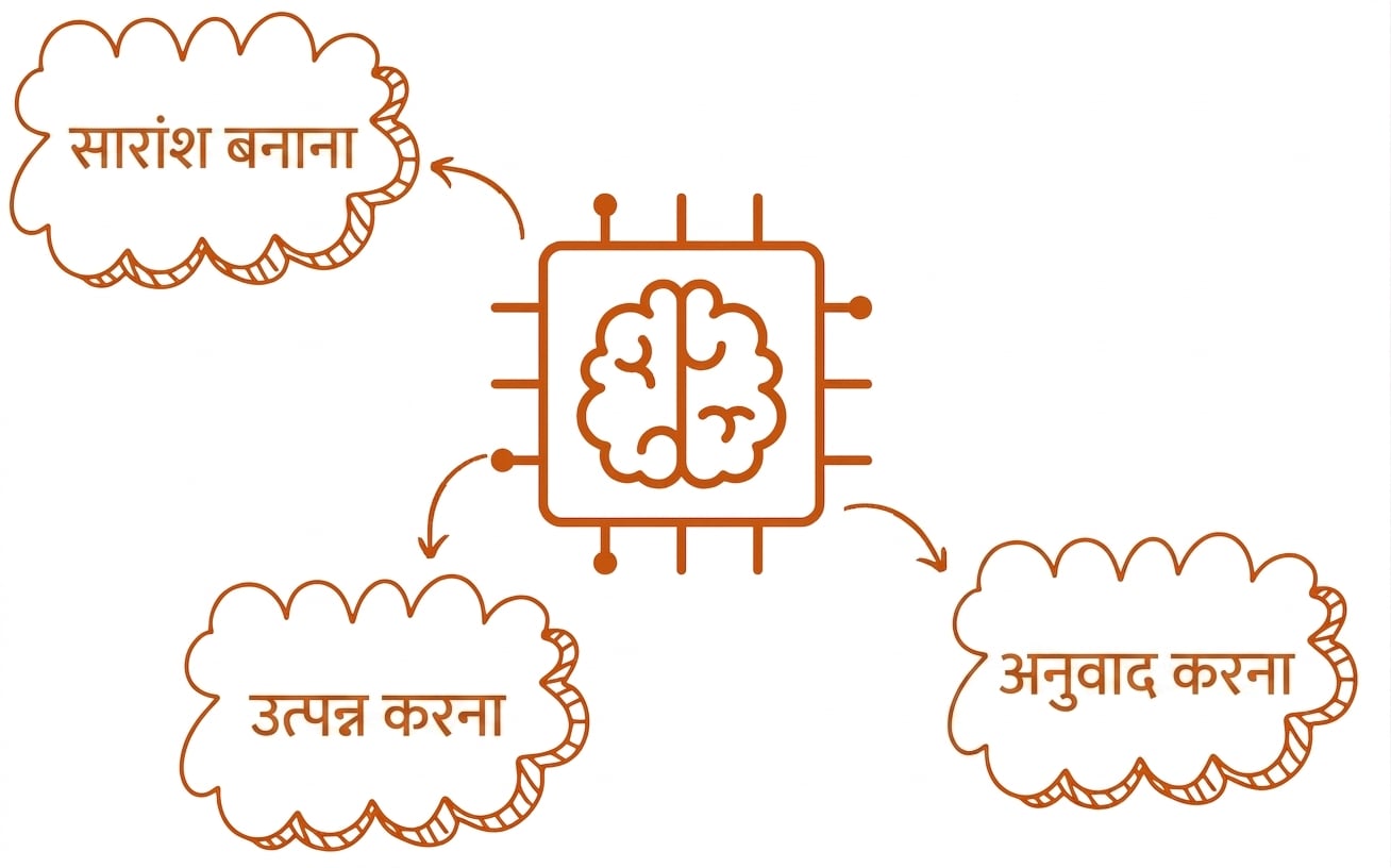 सारांश, जनरेट, और ट्रांसलेट बबल के साथ लार्ज लैंग्वेज मॉडल का अमूर्त चित्रण