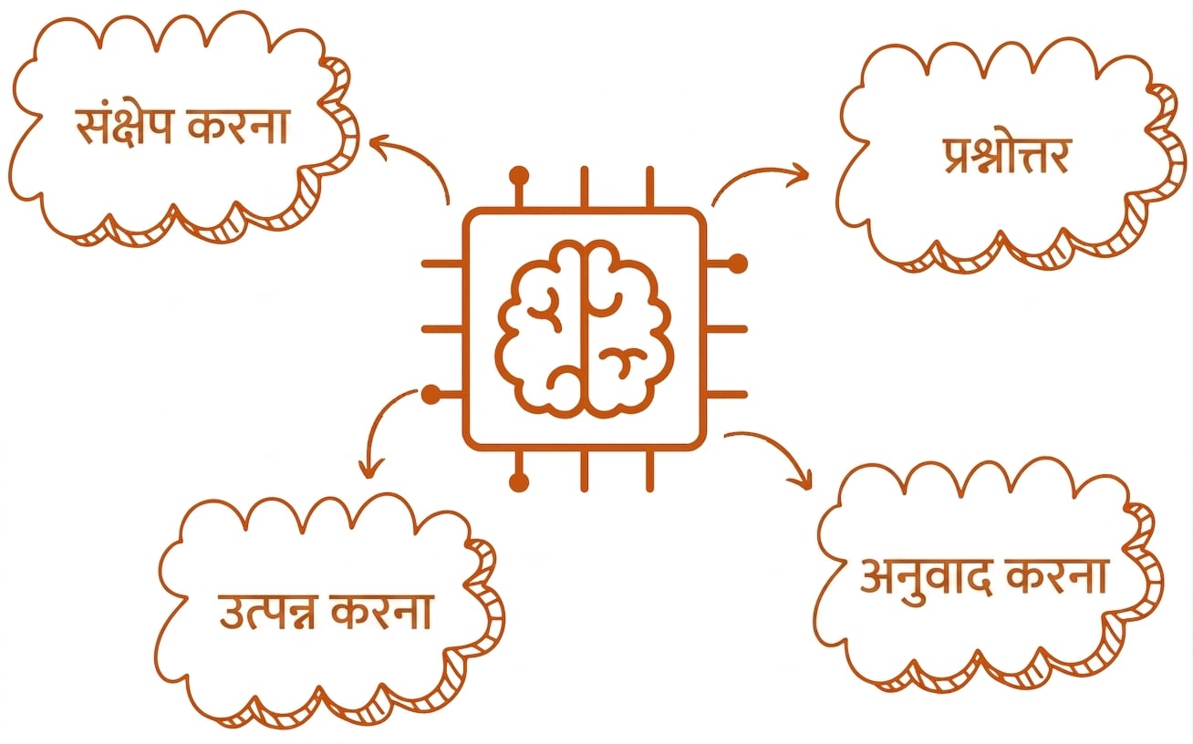 सारांश, जनरेट, ट्रांसलेट, Q&A बबल के साथ लार्ज लैंग्वेज मॉडल का अमूर्त चित्रण