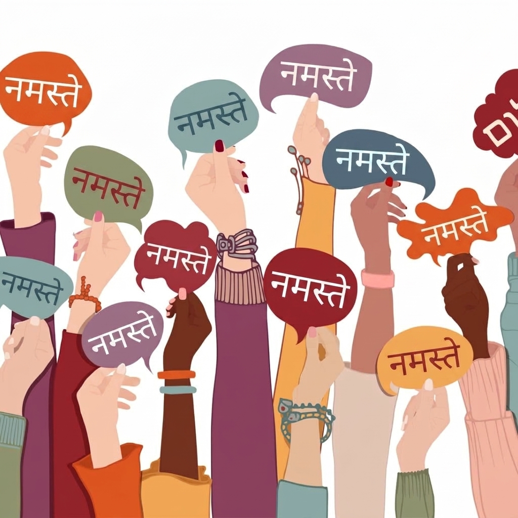 कई भाषाओं में "hello" लिखे साइन पकड़े हाथ