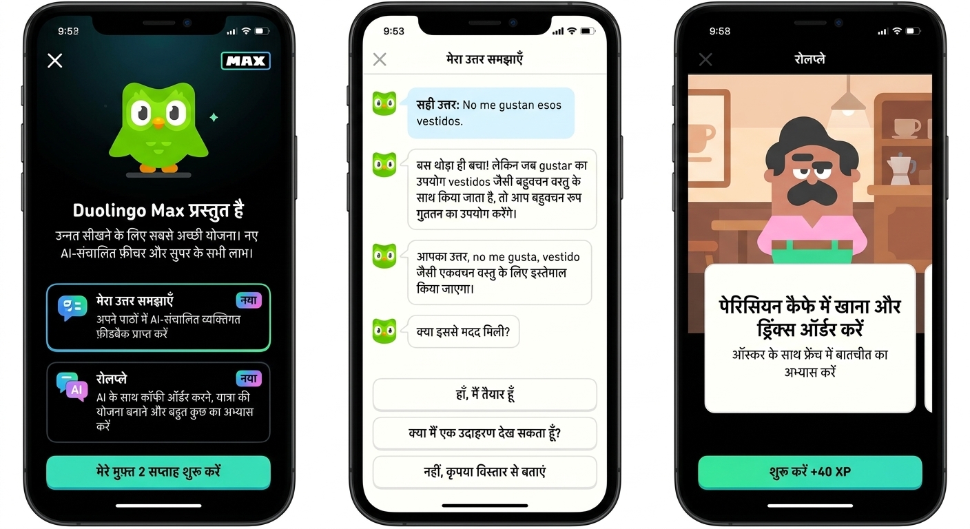 मोबाइल ऐप में Duolingo Max के उपयोग की छवि