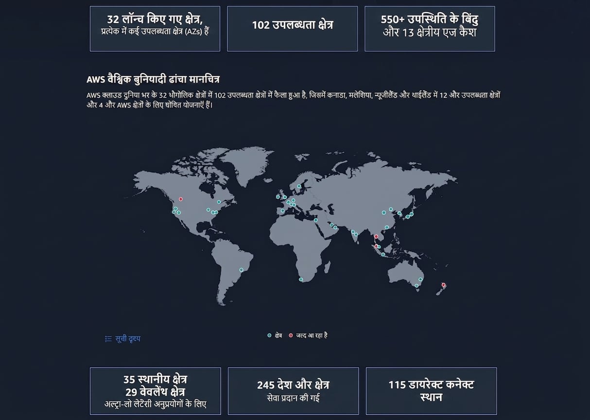 ग्लोब की छवि जिसमें फैले नोड AWS की भौगोलिक विविधता दिखाते हैं
