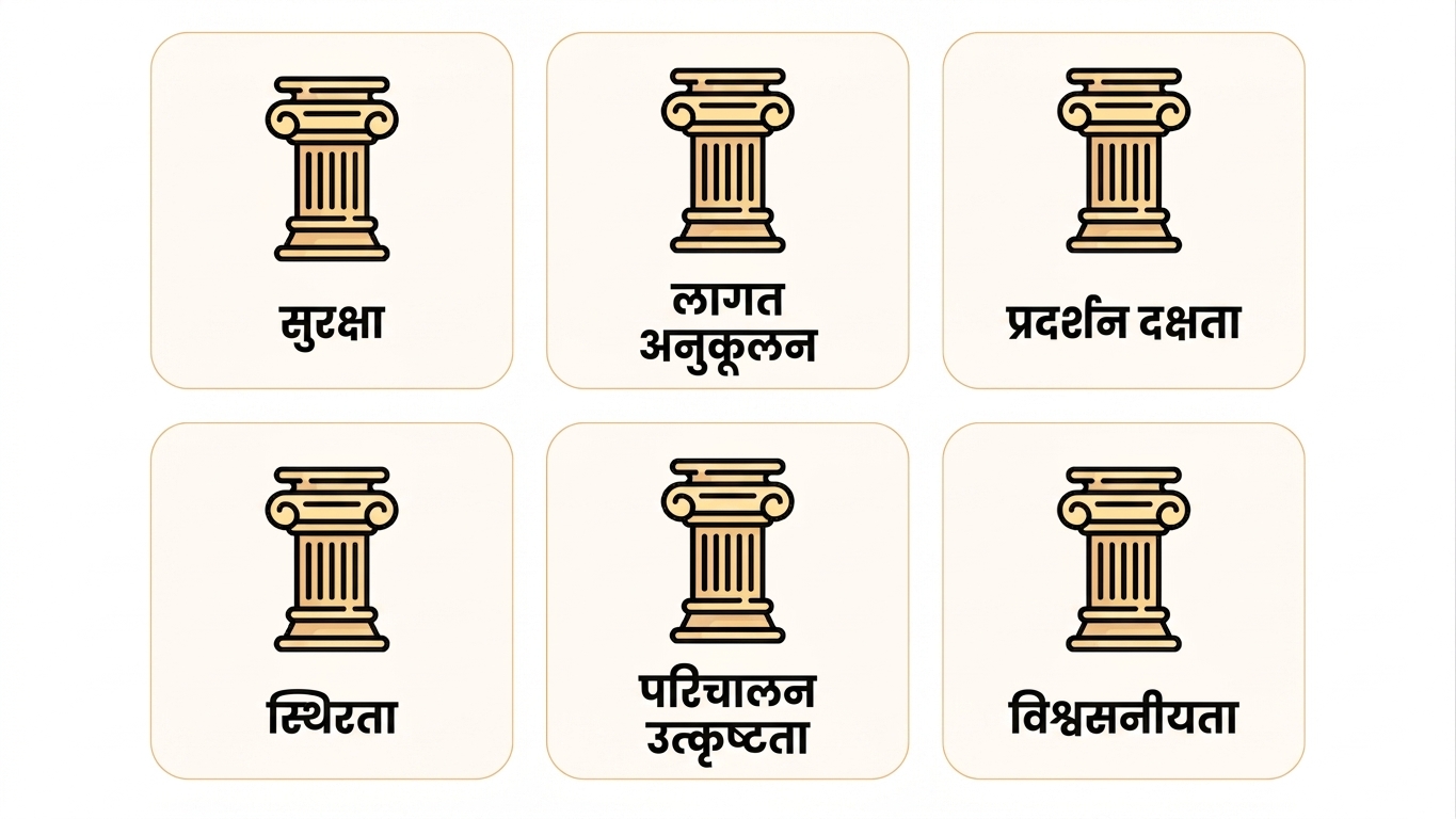 फ्रेमवर्क के छह स्तंभ: Security, Cost Optimization, Performance Efficiency, Sustainability, Operational Excellence और Reliability
