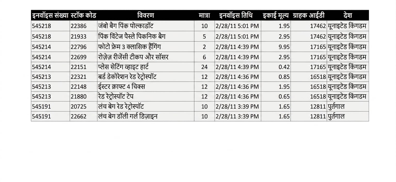 ई-कॉमर्स ऑनलाइन रिटेल टेबल की पंक्तियाँ