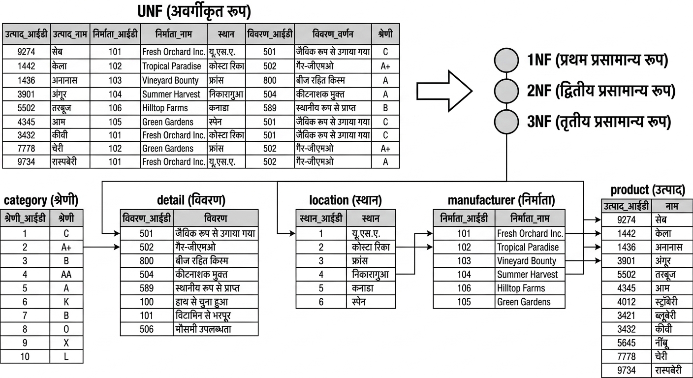 All products डेटा, संबंधों सहित UNF से 3NF तक