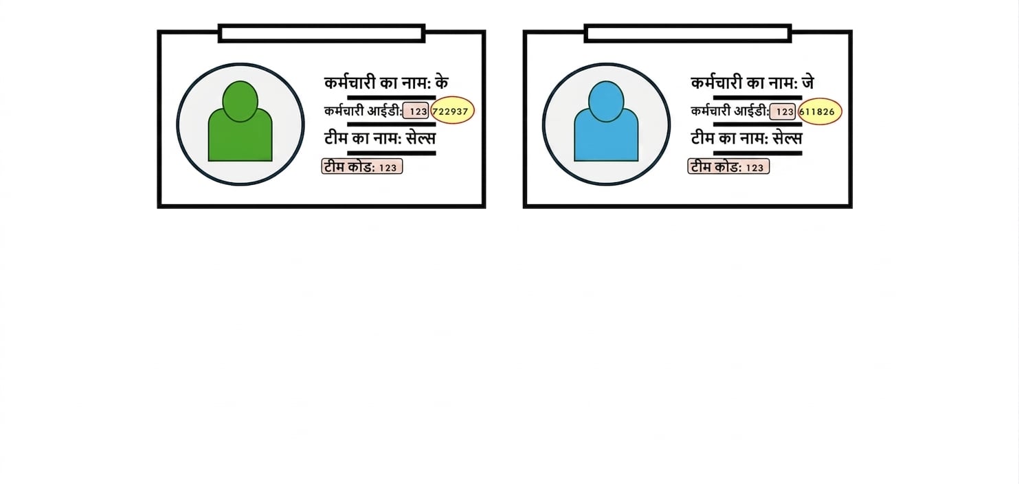 कर्मचारी ID कार्ड, partial dependency दर्शाते हुए