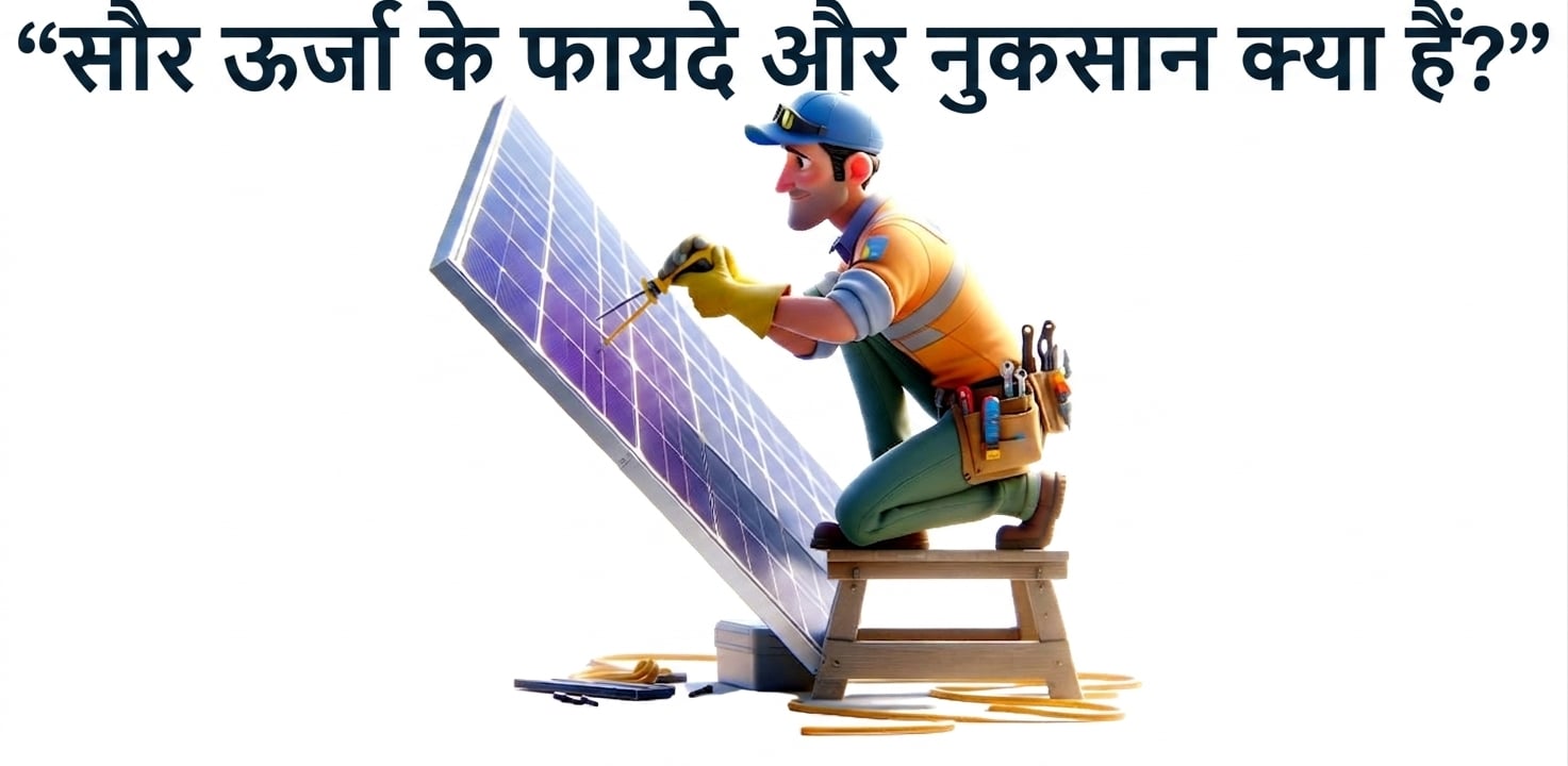 सोलर पैनल पर काम करता व्यक्ति और प्रॉम्प्ट "what are the benefits and drawbacks of solar energy"