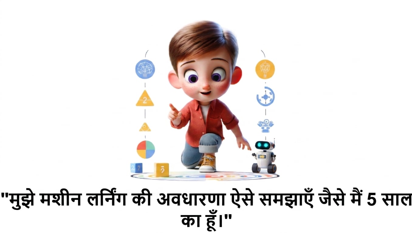पाँच साल के बच्चे और प्रॉम्प्ट "explain the concept of machine learning like i'm a 5 year old" का चित्रण