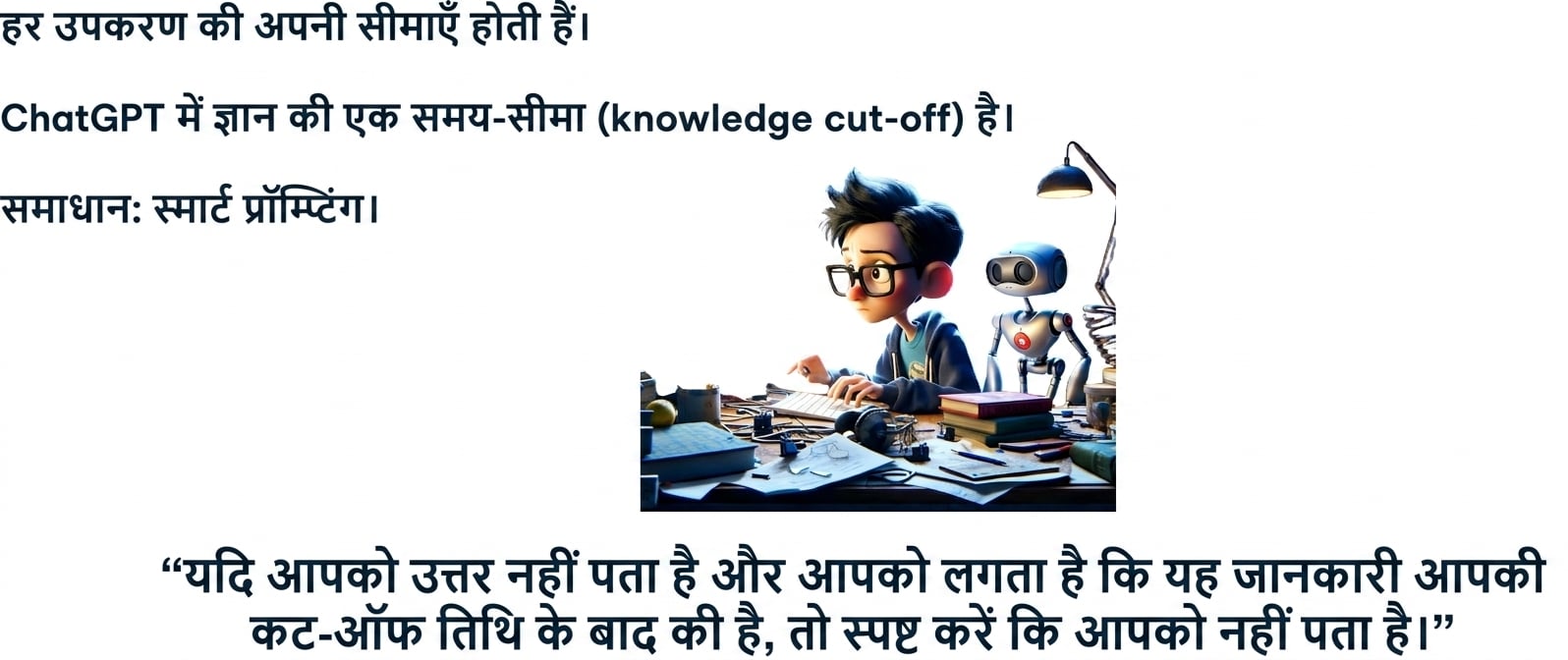 हर टूल की सीमाएँ होती हैं। ChatGPT की knowledge cutoff है। समाधान: स्मार्ट प्रॉम्प्टिंग।