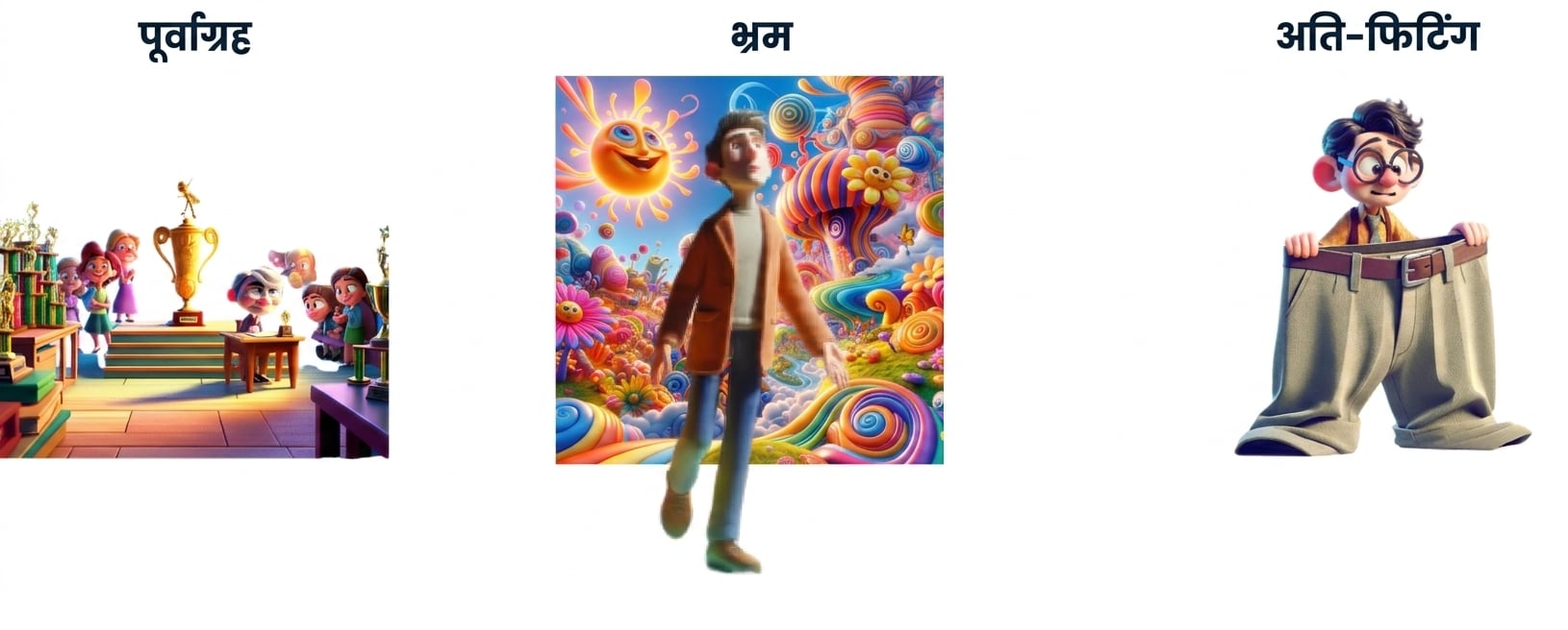 पुरस्कार के साथ मेज पर बैठे बच्चे, मतिभ्रम करते व्यक्ति, और बहुत बड़े पैंट पहने युवा के कार्टून चित्रण