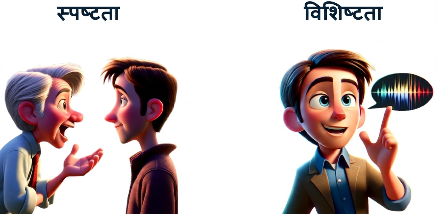 एक तरफ स्पष्टता दिखाने के लिए दो लोग बात कर रहे हैं, दूसरी तरफ विशिष्टता दिखाने के लिए व्यक्ति के पास स्पीच बबल है