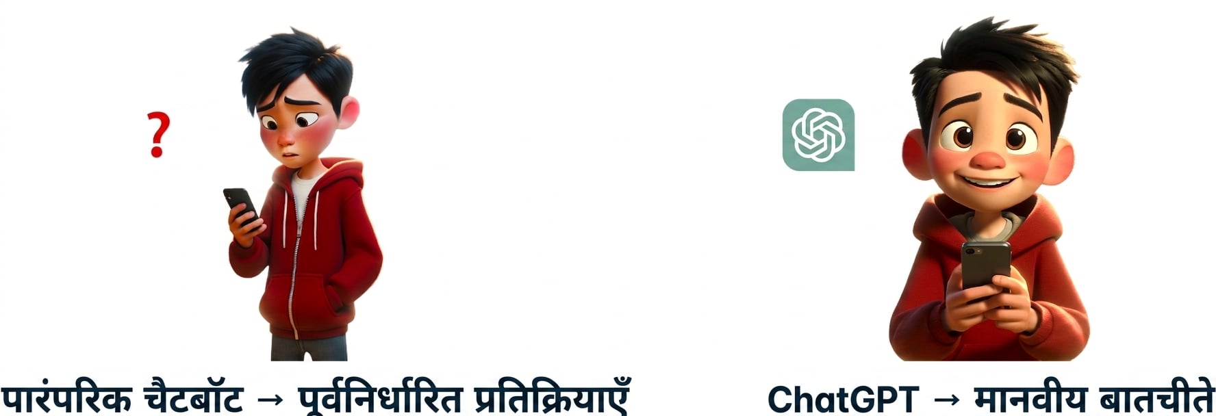 कार्टून: एक लड़का फोन से बात करता है, फिर ChatGPT के जवाब का आनंद लेता है