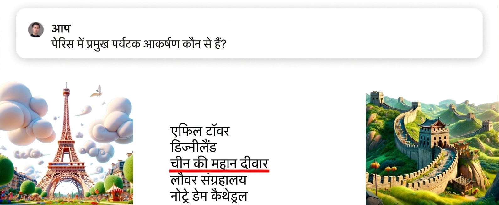 पेरिस के शीर्ष आकर्षणों पर प्रश्न, गलत उत्तर हाइलाइटेड